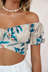 Linka Off-Shoulder Tie-Back Crop Top Floral Print Mocha