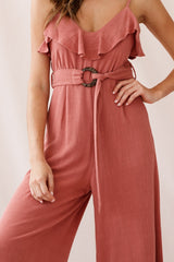 Mason Ruffle Neckline Wooden Buckle Belt Jumpsuit Rose