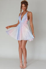 Floating By Plunging Neckline Mini Dress Sequin Rainbow