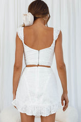 Quincy Flounce Hem Floral Embroidery Mini Skirt White