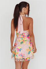 Champagne Showers Halterneck Slip Mini Dress Sequin Floral Pink