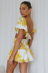 Escape With Me Shirred Mini Skirt Printed Mustard