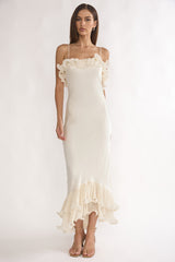 Okay, Cupid Low Back Ruffle Trim Maxi Dress Oyster
