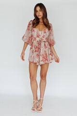First Light Puff Sleeve Elasticated Waist Romper Floral Print Rose