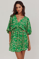 Sugar Coat Print Puff Sleeves Mini Dress Green