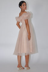 May Rose Off-Shoulder Tulle Midi Dress Taupe