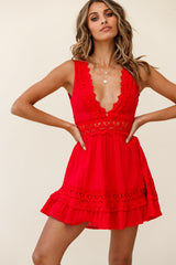 Indio Crochet Insert Deep V-Neckline Dress Red