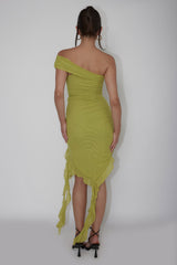 After Party One Sleeve Ruffle Mini Dress Lime