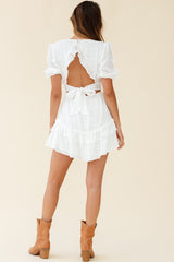 Andes Puff Sleeve Key-Hole Back Dress White