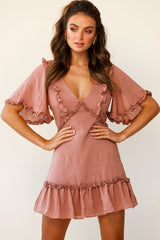 Halo V-neckline Frill Detail Dress Rose