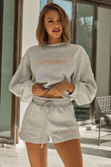 La Femme Long Sleeve Drop Shoulder Font Sweater Grey Marle