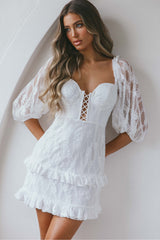 Hemingway Criss-Cross Bust Balloon Sleeve Frill Trim Lace Dress White