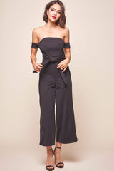 Joan Off Shoulder Waist Tie Wide Leg Jumpsuit Black