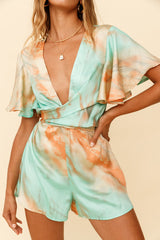Unconditional Plunging Wrap Style Romper Marbled Tie Dye Aqua/Orange