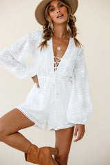 Esperanza Long Balloon Sleeve Floral Embroidery Romper White