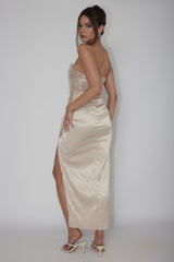 Yadira Sequin Bodice Satin Midi Dress Nude