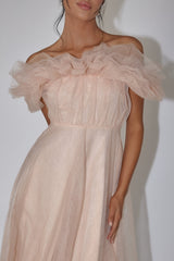 May Rose Off-Shoulder Tulle Midi Dress Taupe