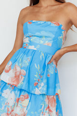 Outshine Strapless Tiered Midi Dress Floral Blue