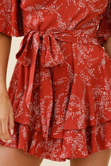 Davina Angel Sleeve Cut-Out Back Romper Leaf Print Rose