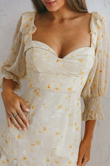 Desiree Sweetheart Neckline Shirred Cuff Frill Dress Floral Print Yellow