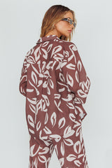Just A Hunch Button Shirt Leaf Print Chocolate